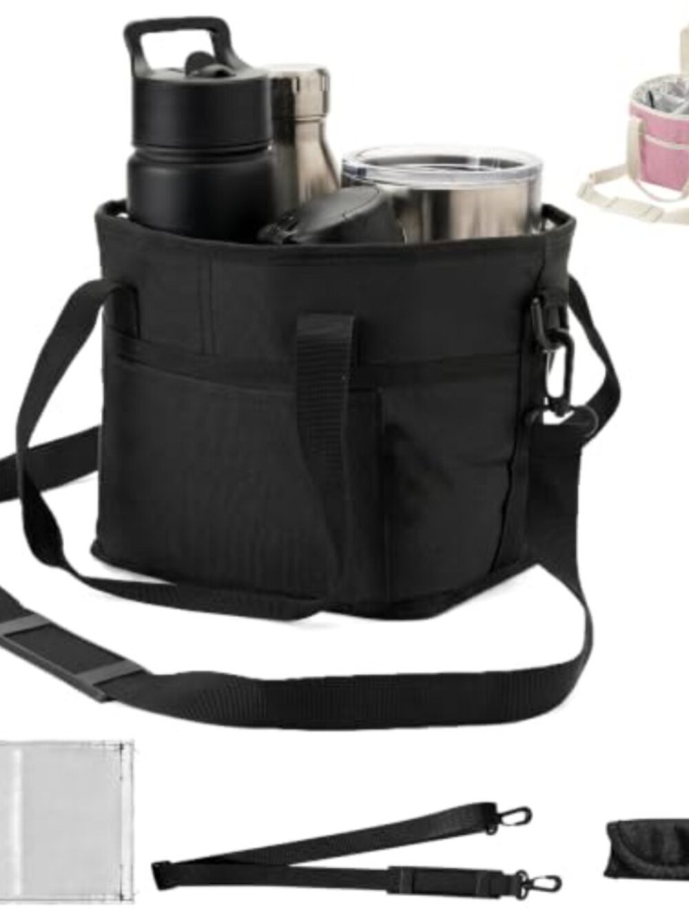 4-Compartment Water Bottle Carrier Bag Adjustable Shoulder Strap Nylon